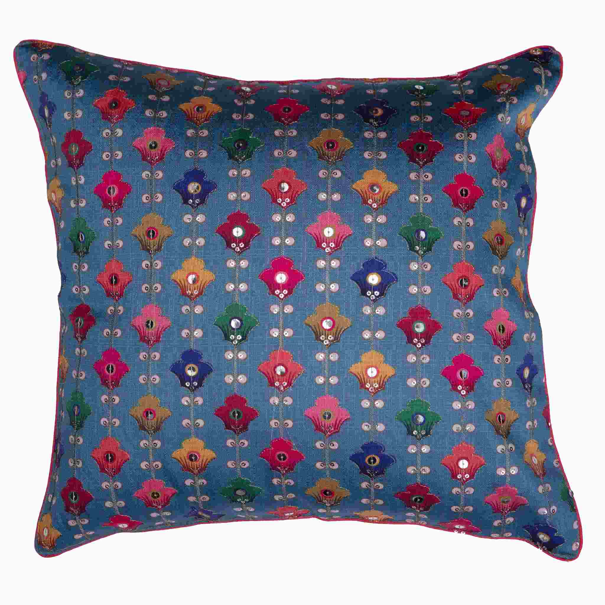 Festive Blue and Multicolor Motif Cushion Cover