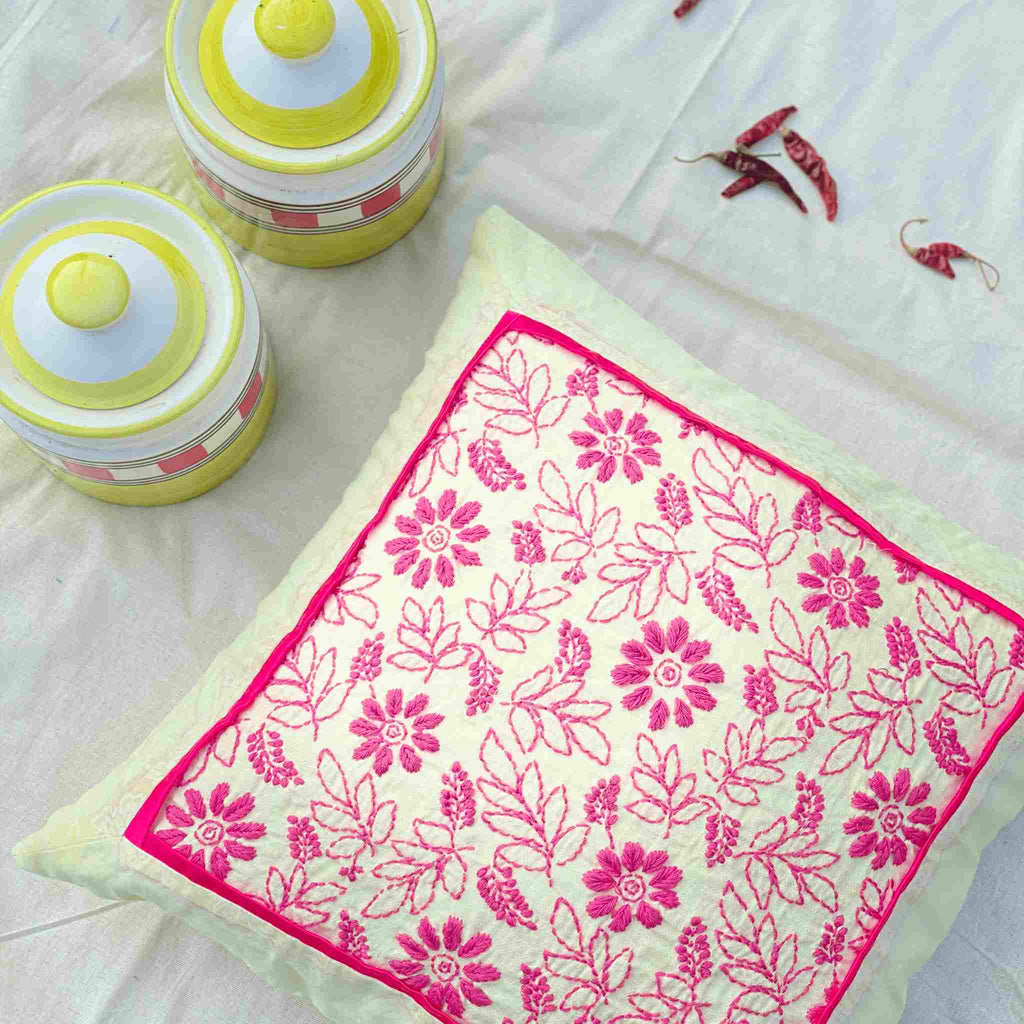 Lemon Yellow Chikankari Cushion Cover