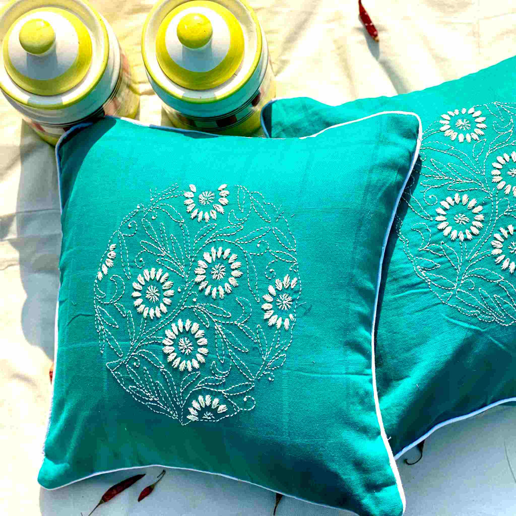 Sea Green Chikankari Cushion Cover